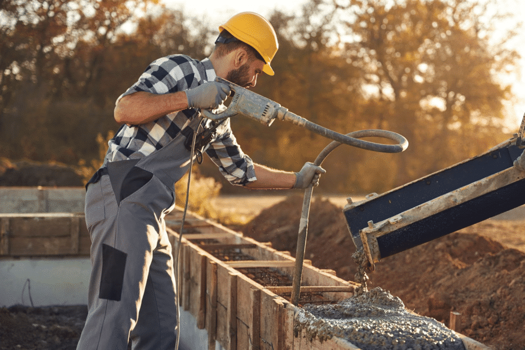 A construction worker pouring concrete into a home’s foundation at sunset.