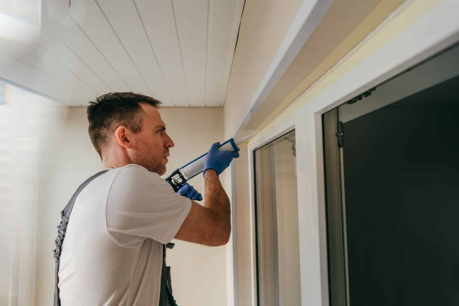 Worker in overalls applying caulking to seal cracks between the window frame and trim